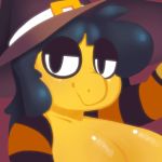  1:1 2019 absurd_res anthro biped black_hair breasts cleavage clothed clothing digital_media_(artwork) female hair half-closed_eyes hat headgear headwear hi_res koopa_troopa largerest looking_at_viewer mobia_(largerest) reptile scales scalie shirt short_hair simple_background smile solo topwear yellow_body yellow_scales 