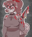  absurd_res anthro blood bodily_fluids canid canine creepy female grin hi_res kibbles kibella knife looking_at_viewer mammal murderer phuufy red_eyes smile solo uberquest webcomic 