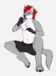  anthro blood bodily_fluids canid canine canis clamp clothed clothing ear_piercing facial_piercing forceps gloves hair handwear hi_res industrial_piercing male mammal medical_equipment piercing red_hair rexcanis solo tongue tongue_piercing topless wolf 
