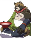  2019 anthro belly brown_body brown_fur canid canine clothing fur gontadanuki gyobu hi_res humanoid_hands male mammal moobs nipples overweight overweight_male raccoon_dog robe scar simple_background sitting solo tanuki tattoo tokyo_afterschool_summoners video_games white_background 