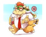  2019 anthro book bowser bowser_jr. bread clothing duo eclipsewolf eyewear food glasses koopa male mario_bros necktie nintendo overweight overweight_male scalie shirt simple_background topwear video_games 