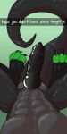  abs animal_genitalia animal_penis anthro balls black_body black_penis bodily_fluids canine_penis claws dragon english_text erection first_person_view genital_fluids green_background green_markings grey_body hi_res knot male male_pov markings muscular muscular_male nude odium paws pecs penis precum scalie simple_background snapchat solo text toe_claws vein veiny_penis whatarefurries 