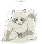  2019 anthro balls belly bodily_fluids canid canine cum erection eyewear genital_fluids glasses hi_res humanoid_hands humanoid_penis hysk japanese_text male mammal masturbation moobs nipples penis raccoon_dog simple_background slightly_chubby solo tanuki tenugui text 