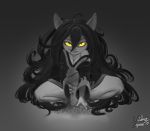  2017 animal_humanoid breasts clothing crouching digital_media_(artwork) disembodied_penis erection eyebrows female gradient_background grey_background hair humanoid humanoid_penis league_of_legends long_hair looking_at_viewer lulu_(lol) male male/female monochrome napalm_express partially_colored penis pubes riot_games signature simple_background slit_pupils spread_legs spreading video_games yellow_eyes yordle 
