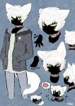  ambiguous_gender anthro black_body black_fur claws clothed clothing collar domestic_cat felid feline felis food fur green_eyes hair hands_in_pockets hit_ton_ton jacket mammal meat pockets short_hair sleeping slit_pupils solo thought_bubble topwear white_body white_fur white_hair 
