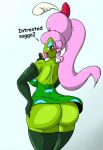  2017 amphibian anthro bedroom_eyes big_breasts big_butt bow breasts butt clothing dialogue don_bluth dress female frog hair half-closed_eyes hi_res inviting legwear mature_female mrs._toad non-mammal_breasts seductive shinysteel simple_background smile solo stockings talking_to_viewer teeth thumbelina_(movie) toad_(frog) white_background wide_hips 