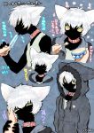  ambiguous_gender anthro black_body black_fur clothed clothing collar domestic_cat eyes_closed feeding felid feline felis food fur hair hit_ton_ton hood jacket japanese_text licking looking_at_viewer mammal petting popsicle side_view text tongue tongue_out topwear white_hair 