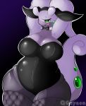  2019 absurd_res anthro big_breasts blush breasts bunny_costume clothing costume dragon female front_view gayeon goodra gradient_background green_eyes hi_res legwear nintendo pok&eacute;mon pok&eacute;mon_(species) purple_background reptile scalie simple_background solo standing stockings thick_thighs tongue tongue_out video_games watermark 
