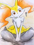  ? ambiguous_gender black_body black_fur braixen colored_pencil_(artwork) confusion eiroru fluffy fluffy_tail fur hi_res inner_ear_fluff looking_at_viewer nintendo pok&eacute;mon pok&eacute;mon_(species) red_body red_eyes red_fur red_nose sitting traditional_media_(artwork) video_games white_body white_fur yellow_body yellow_fur 