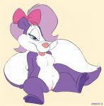  bedroom_eyes bow brainsister female fifi_la_fume fur hair half-closed_eyes hi_res looking_at_viewer mammal mephitid multicolored_body multicolored_fur nude purple_hair pussy seductive simple_background skunk solo spread_legs spreading tiny_toon_adventures tongue tongue_out warner_brothers 