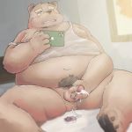  1:1 2019 after_masturbation anthro balls belly bodily_fluids brown_body brown_fur chocobibear clothing cum cum_on_hand erection fur genital_fluids humanoid_hands humanoid_penis male mammal masturbation moobs navel nipples overweight overweight_male penis phone pubes sex_toy shirt sitting solo topwear ursid 