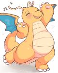  2019 anthro belly blush claws dancing dragon dragonite eyes_closed featureless_crotch front_view happy hi_res mosamosa musical_note nintendo nude open_mouth open_smile paws pok&eacute;mon pok&eacute;mon_(species) scalie smile solo toe_claws video_games wings 