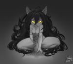  2017 animal_humanoid areola breasts crouching digital_media_(artwork) disembodied_penis erection eyebrows female gradient_background grey_background hair humanoid humanoid_penis league_of_legends long_hair looking_at_viewer lulu_(lol) male male/female monochrome napalm_express nipples nude partially_colored penis pubes riot_games signature simple_background slit_pupils spread_legs spreading video_games yellow_eyes yordle 