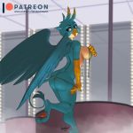  1:1 2019 anthro anthrofied avian beak bikini blue_eyes breasts butt clothing crossgender digital_media_(artwork) feathered_wings feathers female friendship_is_magic gallus_(mlp) gryphon kevinsano looking_at_viewer looking_back my_little_pony open_beak open_mouth patreon pawpads side_boob signature solo striptease swimwear url wings yellow_beak 