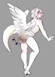  addikitti anthro barefoot biped blush breasts clothed clothing diaper feathers feces female fur hair hi_res horn humanoid_hands looking_back mammal messy_diaper open_mouth rear_view scat side_boob simple_background soiling standing topless wings 