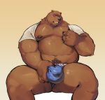 2019 absurd_res anthro belly blush brown_body brown_fur bulge butt clothing dubudubudubudub fur hi_res humanoid_hands male mammal overweight overweight_male shirt simple_background sitting solo topwear underwear ursid 