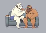  2019 anthro belly brown_body brown_fur bulge butt clothing duo eating eyewear fur furniture glasses humanoid_hands male male/male mammal minedoo moobs nipples overweight overweight_male polar_bear simple_background sitting sofa underwear ursid ursine white_body white_fur 