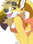  2019 absurd_res anthro audri blonde_hair breasts brown_eyes canid canine canis cleavage clothed clothing digital_media_(artwork) domestic_dog eyewear female fennec fox hair herding_dog hi_res kiwicabbit mammal one_eye_closed open_mouth open_smile pastoral_dog smile solo sunglasses welsh_corgi wink 