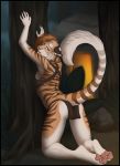  2019 4_toes 5_fingers accelo anthro brown_body brown_fur clothed clothing digital_media_(artwork) felid female fingers fur heterochromia hi_res kayri_(accelo) kneeling mammal open_mouth orange_body orange_fur pantherine solo striped_body striped_fur stripes teeth tiger toes tongue 