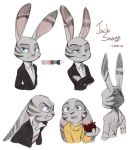  anthro buckteeth clothed clothing disney ears_down english_text facial_markings fur grey_body grey_fur head_markings holding_object jack_savage lagomorph lenmue0 leporid male mammal markings open_mouth pivoted_ears rabbit scar signature simple_background smile solo source_request suit sweater teeth text topless topwear white_background zootopia 