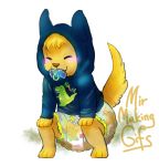  anthro bodily_fluids child clothed clothing cub diaper dinosaur feces genital_fluids hoodie mirmakinggifs pacifier pooping reptile scalie scat soiling soiling_diaper solo topwear urine young 