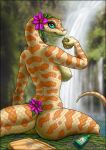  2019 anthro breasts butt digital_media_(artwork) female looking_back nipples non-mammal_breasts nude outside reptile scales scalie smile snake solo ukimori_(artist) ultraviolet 