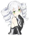  1girl bangs black_dress black_gloves black_sister blush buran_buta dress drill_hair elbow_gloves eyebrows_visible_through_hair from_side gloves green_eyes highres looking_to_the_side neptune_(series) sleeveless sleeveless_dress solo twin_drills upper_body white_background white_hair 