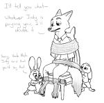  anthro bottomwear buckteeth canid canine chair clothed clothing cub dialogue dipstick_ears disney dress english_text female fox furniture group lagomorph leporid male mammal multicolored_ears necktie nick_wilde numbro pants rabbit shirt simple_background sitting sketch standing teeth text topwear white_background young zootopia 