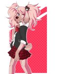  2019 5_fingers blue_eyes bottomwear brisskwinds canid canine canis clothed clothing colored_nails cute_fangs danganronpa domestic_dog female fingers hair hi_res junko_enoshima looking_at_viewer mammal nails one_eye_closed pigtails pink_hair portrait short_tail simple_background skirt smile solo three-quarter_portrait translucent translucent_hair wink 
