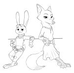  anthro arm_support barefoot canid canine clothed clothing crossgender disney dress duo eyewear female fox judy_hopps lagomorph leaning leaning_back leporid male mammal nick_wilde numbro police_uniform rabbit scut_tail simple_background sketch smile sunglasses toeless_legwear uniform white_background zootopia 