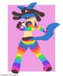  2019 absurd_res anthro bodily_fluids butt clothed clothing digital_media_(artwork) fur girly hi_res humanoid k9player_(artist) legwear looking_at_viewer lucario male mammal nintendo open_mouth panties pok&eacute;mon pok&eacute;mon_(species) rainbow simple_background solo sweat thigh_highs underwear video_games 