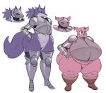  absurd_res accessory anthro armor big_breasts big_butt blush bottomless breasts butt canid canine canis clothed clothing domestic_pig eyelashes female fur green_eyes hair hair_accessory hair_tie hand_on_hip headgear helmet hi_res huge_breasts huge_butt hyper hyper_breasts knight mammal overweight overweight_female ponytail purple_body purple_fur pussy scar simple_background size_difference smile spiky_hair sssonic2 suid suina sus_(pig) thick_thighs warrior white_background wide_hips wolf yellow_eyes 
