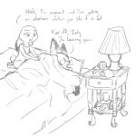  1:1 anthro bed black_and_white buckteeth canid canine carrot_pen clothed clothing coffee_mug dialogue dipstick_ears disney duo ears_down english_text eyes_closed fox furniture judy_hopps kneeling lamp mammal monochrome multicolored_ears nick_wilde nightstand numbro on_bed parody pillow pivoted_ears shirt simple_background sketch tank_top teeth text topwear under_covers white_background zootopia 