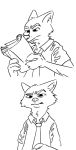  anthro black_and_white book canid canine clothed clothing confusion disney fox holding_book holding_object male mammal meme monochrome necktie nick_wilde numbro reading sequence shirt simple_background sketch solo topwear white_background zootopia 