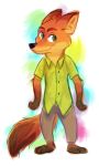  absurd_res anthro barefoot bottomwear canid canine clothing dipstick_ears dipstick_tail disney fox fur gloves_(marking) green_eyes hi_res leg_markings male mammal markings multicolored_ears multicolored_tail myfuckinggodimtrash nick_wilde orange_body orange_fur pants red_fox shirt simple_background smile socks_(marking) solo standing topwear zootopia 