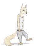  anthro avo_(weaver) bottomwear canid canine canis clothed clothing disney female fur hands_in_pocket jackal mammal numbro on_one_leg pack_street pants prick_ears shadow shirt simple_background solo standing tan_body tan_fur tank_top topwear white_background zootopia 