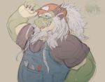  2019 absurd_res anthro asian_mythology beard blue_eyes claws clothing digital_drawing_(artwork) digital_media_(artwork) dragon east_asian_mythology facial_hair fangs fur furred_dragon green_body green_fur grey_hair hair hat headgear headwear hi_res horn long_hair male mechanic musclegut muscular mythology open_mouth overalls radonryu scalie simple_background smile solo watermark 