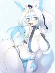  2019 anthro bikini blue_body blue_eyes blue_fur blue_nose blush bodily_fluids breasts canid canine cleavage clothed clothing female fluffy fluffy_tail fur gloves_(marking) hair hi_res htg inner_ear_fluff kemono leaning leaning_forward long_hair looking_at_viewer mammal markings navel open_mouth ponytail portrait simple_background solo standing sweat swimwear three-quarter_portrait white_body white_fur 