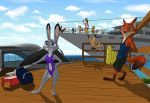  anthro barefoot bikini bottomwear canid canine clothing cloud detailed_background dipstick_ears dipstick_tail disney female fennec finnick fox fur gesture giraffe giraffid green_eyes grey_body grey_fur group hi_res judy_hopps lagomorph leg_markings leporid link6432 male mammal markings multicolored_ears multicolored_tail navel_cutout nick_wilde one-piece_swimsuit orange_body orange_fur outside pointing purple_eyes rabbit red_fox sea shadow ship shirt shorts sky socks_(marking) swimwear tan_body tan_fur tank_top topwear vehicle water zootopia 