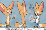  2019 anthro barefoot blue_eyes bottomwear canid canine clothing dialogue disney english_text fan_character featureless_crotch fennec fox fur hi_res inner_ear_fluff mammal model_sheet nude pants shirt solo standing tan_body tan_fur tangerine_(artist) text topwear zootopia 