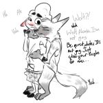  anthro anthro_on_anthro balls blush bottomless bovid caprine clothed clothing dialogue disney duo english_text eyes_closed male male/male mammal no_homo numbro pack_street partially_clothed penis remmy_cormo sex sheep standing standing_sex text thigh_sex wolter_(weaver) zootopia 