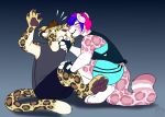  4_toes 5_fingers barefoot blue_hair carifoxleopard clothed clothing duo felid female fingers hair leoaprd leopard male male/female mammal pantherine pink_hair sitting smile toes 