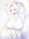  2019 anthro big_breasts blush bodily_fluids breast_rest breasts breath canid canine cheek_tuft chest_tuft covering covering_crotch female front_view grey_eyes hair hi_res htg kemono long_hair looking_at_viewer mammal nipples nude open_mouth ponytail portrait simple_background solo standing sweat three-quarter_portrait tuft white_hair 