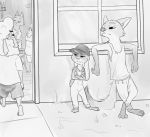  anthro barefoot bottle bottomwear bovid canid canine caprine clothed clothing disney door ears_down female fox furniture greyscale group hat headgear headwear judy_hopps lagomorph leaning leaning_back leporid male mammal monochrome nick_wilde numbro overalls pack_street pants pivoted_ears prick_ears rabbit remmy_cormo sheep shirt shorts standing stool tank_top topwear walking window zootopia 