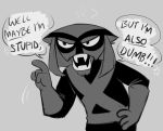  2018 alien angry anthro black_and_white brak clothed clothing dialogue digital_drawing_(artwork) digital_media_(artwork) english_text fangs felid fur gloves half-closed_eyes handwear hanna-barbera humor male mammal missuspatches monochrome simple_background solo space_ghost_(series) text uniform white_background 
