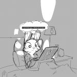  1:1 ambiguous_gender anthro bed bedding blanket computer disney ears_up english_text facial_markings furniture greyscale head_markings jack_savage lagomorph lamp laptop leporid mammal markings monochrome on_bed pillow rabbit reclining replytoanons solo text thought_bubble under_covers zootopia 
