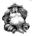  alcohol anthro aokmaidu armor belly belly_grab beverage big_belly blizzard_entertainment claws clothed clothing facial_hair fur greyscale hand_on_stomach hat headgear headwear hi_res holding_object male mammal monochrome moobs navel obese obese_male open_mouth open_smile overweight overweight_male pandaren sitting smile solo tankard toe_claws ursid video_games warcraft 