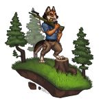  1:1 2017 4_toes 5_fingers anthro barefoot canid canine canis clothed clothing digital_media_(artwork) digitigrade fingers grass holding_gun holding_object holding_weapon katie_hofgard looking_at_viewer male mammal simple_background solo toes tree weapon white_background wolf 