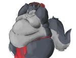  anthro belly big_belly canid canine canis clothed clothing fur grey_body grey_fur hands_behind_head hi_res jewelry loincloth love_handles male mammal moobs navel necklace obese obese_male overweight overweight_male solo thick_thighs topless wide_hips wolf ガブ 