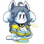  1:1 anthro beady_eyes big_breasts black_nose bottomless breast_rest breasts canid canine canis cleavage clothed clothing crossed_arms domestic_cat domestic_dog felid feline felis female fur grey_hair hair heartearth mammal temmie_(undertale) undertale video_games 